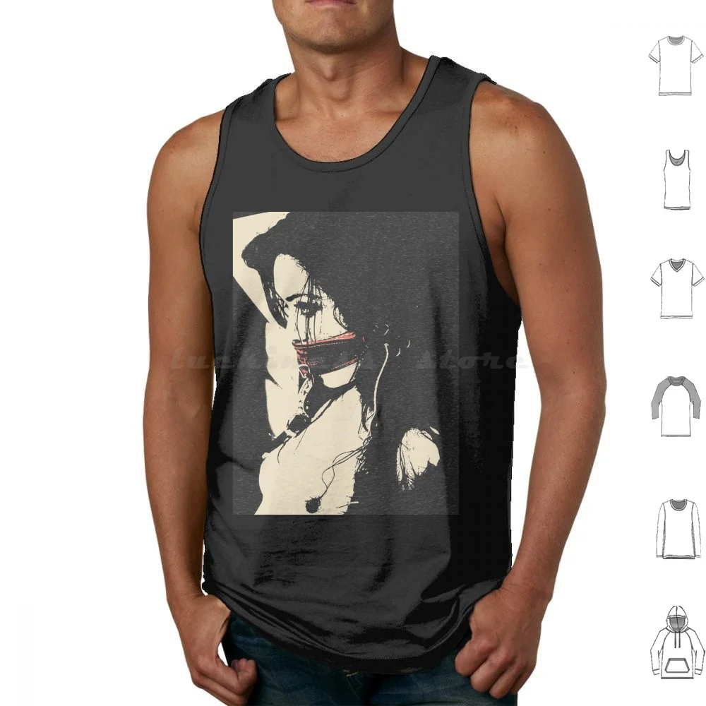 Enjoy The Silence , Dark Bdsm , Gagged Brunette Tank Tops Vest Sleeveless Sexy Pose Girl With Red Gag Erotic Sketch Slim