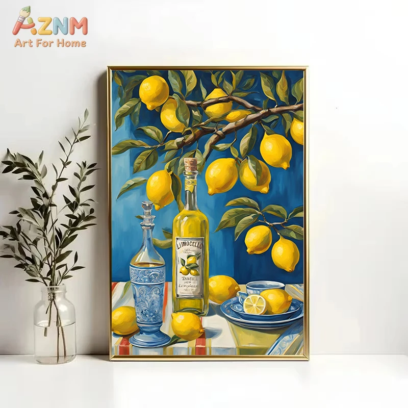 AZNM Mediterranean Lemon Tree Canvas Wall Art, Set of 3 Blue Door Citrus Fruit Print, Unframed Coastal Italian Style Wall Decor