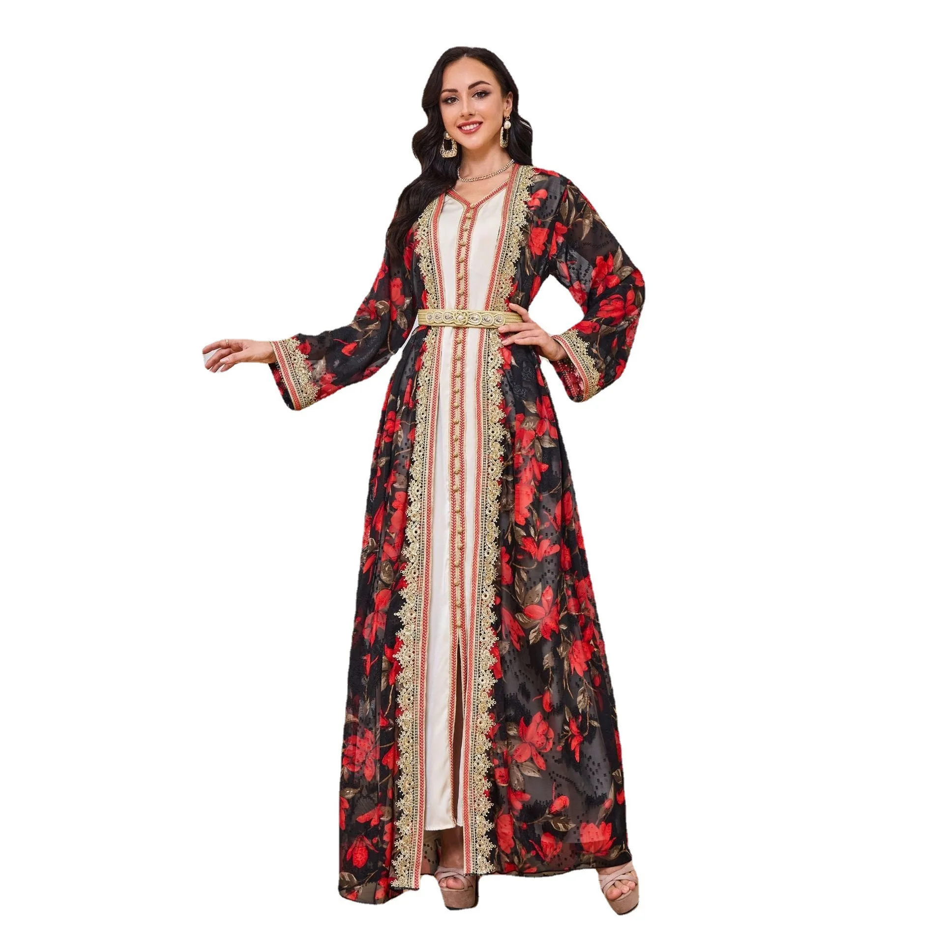 MT043 new women's long sleeved skirt printed Muslim cardigan two-piece long robe set