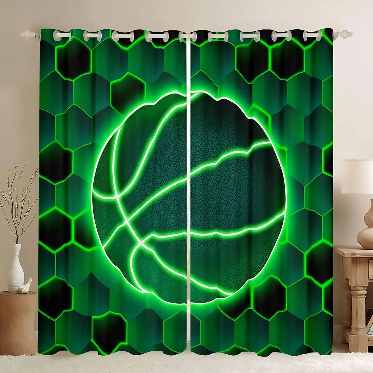 Soccer Print semi-blackout Curtain Football Basketball Curtain Kids Boys Girls Ball Game Curtain Sports Theme Curtain 2panels