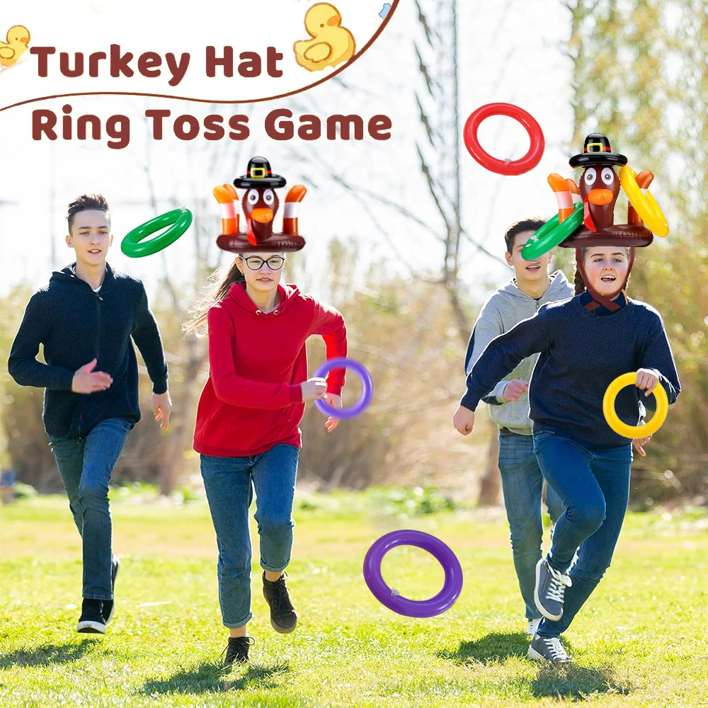 Turkey Rings Headbands Inflatable Rings Throwing Games Toy Set with 4 Rings Thanksgiving New Year Entertainment Party Games