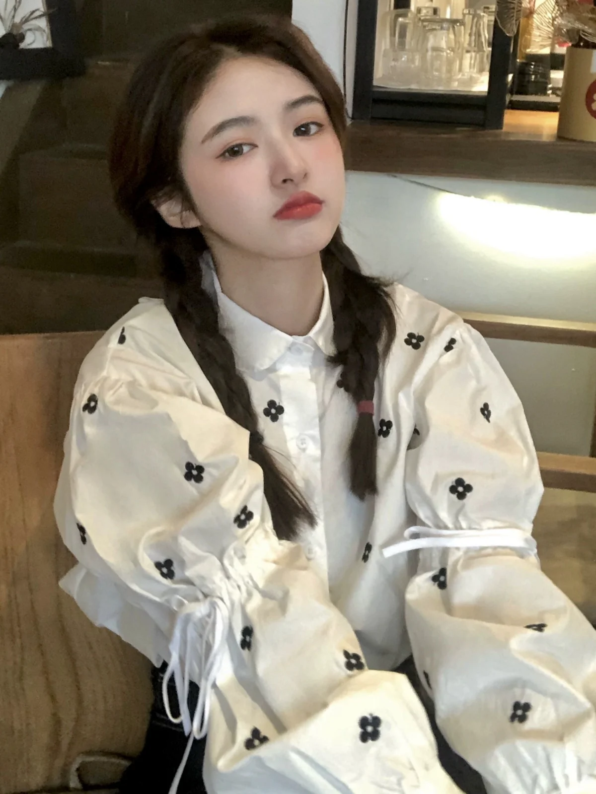 

Свободная женская блузка с рукавами-фонариками, вышивкой мелкими цветами, в ретро-стиле, весна-осень, новая модель, корейская версия, милый дизайн