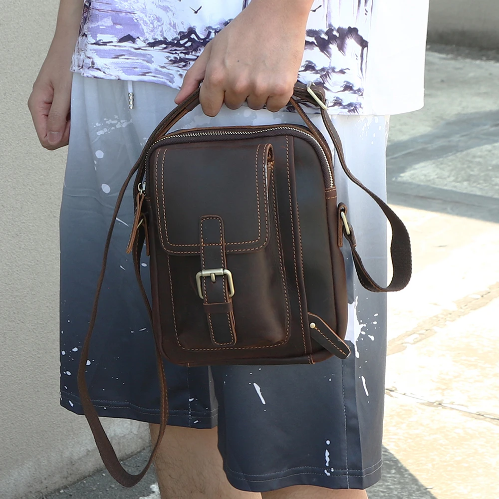 New Men's Bag Crazy Horse Men's Shoulder Bag Crossbody Bag Multi functional Genuine Leather Bag