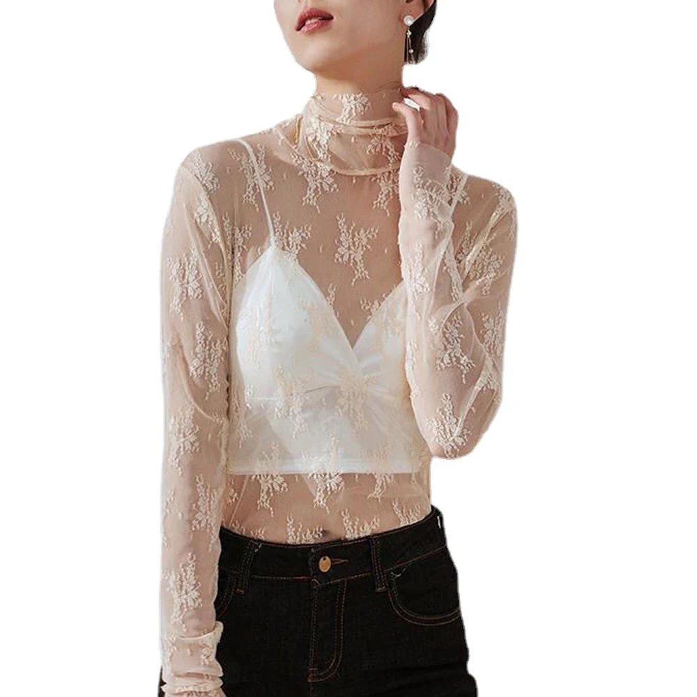 

Womens Blouses Spring Autumn Transparent Feminina Mesh Long Sleeve Top Turtleneck Solid Color Embroidered Floral Lace T Shirt