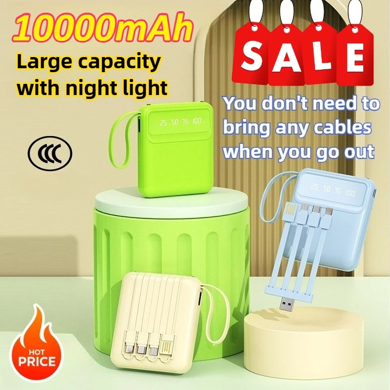 

10000mAh Power Bank with night light Built-in Cable Phone External Battery Powerbank for Xiaomi for iPhone for Samsung for iPad
