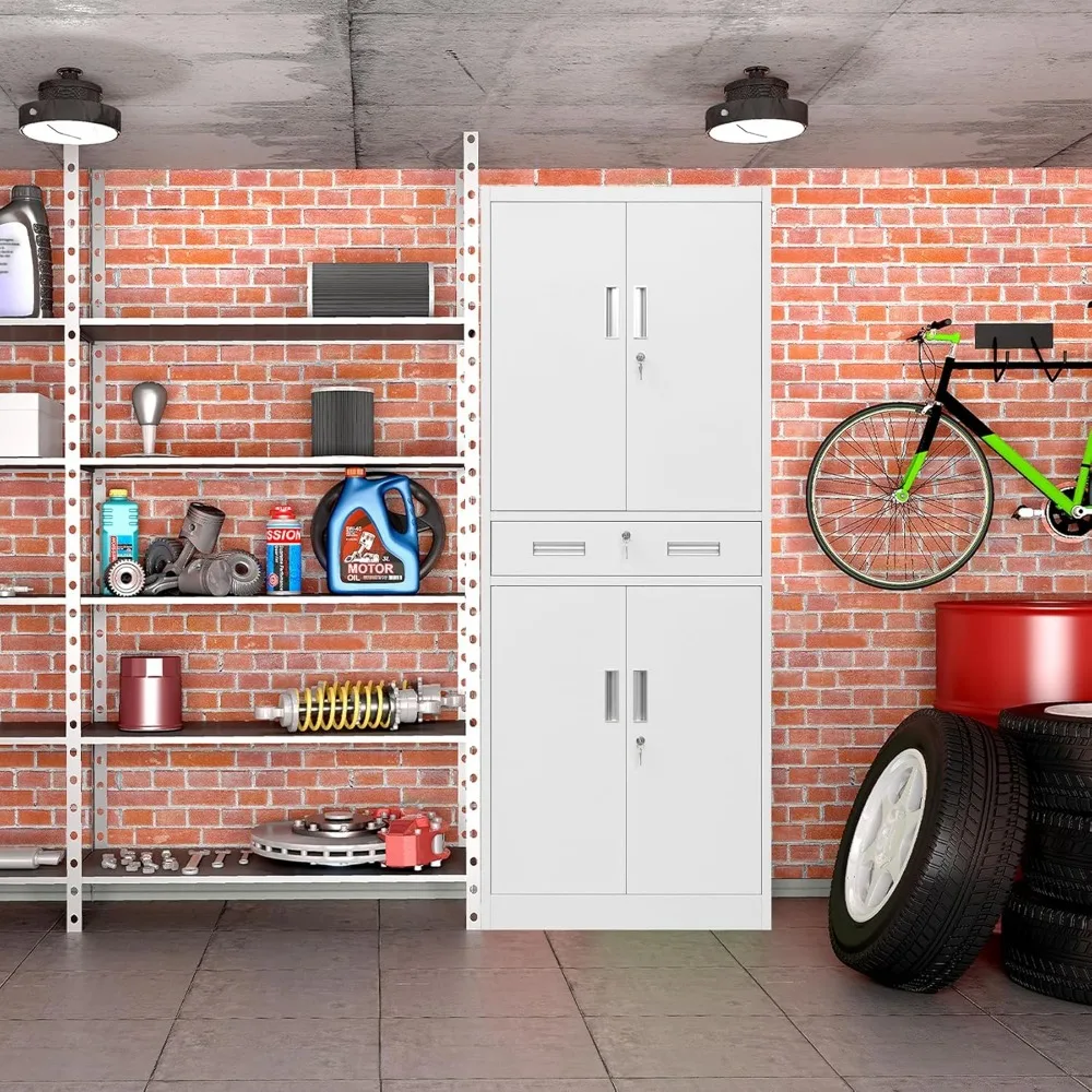 서랍과 조절 가능한 선반이 있는 차고 보관 캐비닛, 흰색, 작업장, 가정 및 학교 정리에 이상적