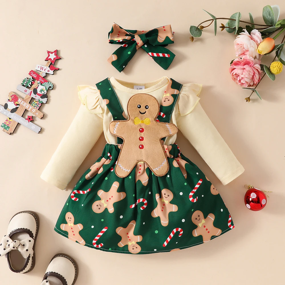 Baby Girls Christmas 3pcs Clothes Sets 0-18M Long Sleeve Romper+Printed Suspender Skirt+Headband Outfits Toddler Xmas Clothing