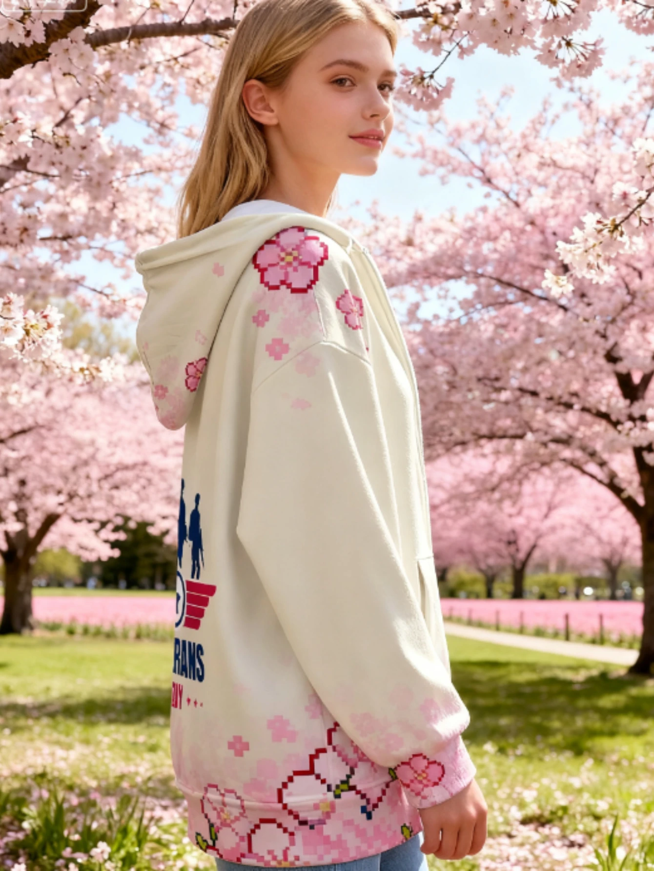 طباعة ثلاثية الأبعاد كاملة الطباعة بكسل الفن أزهار الكرز وجنود يوم المحاربين القدامى صورة ظلية شعار هوديي نمط: دمج إبداعي من Ame #6