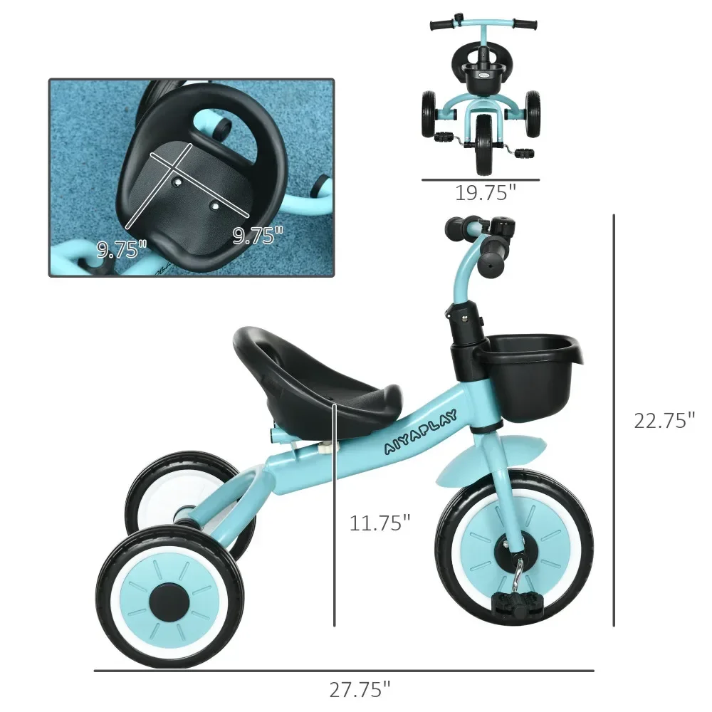 Tricycle pour enfants de 2 à 5 ans, siège réglable, vélo robuste à pédale pour enfants avec poignées de guidon de cloche de panier