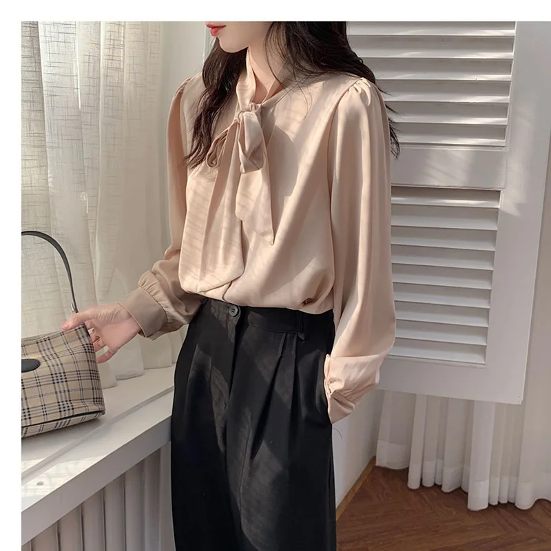 Elegant V-Neck Bow Long Sleeve Loose Satin Blouse Plus Size Spring Autumn Solid Color Tops Fashion Commute Women Clothing Shirt