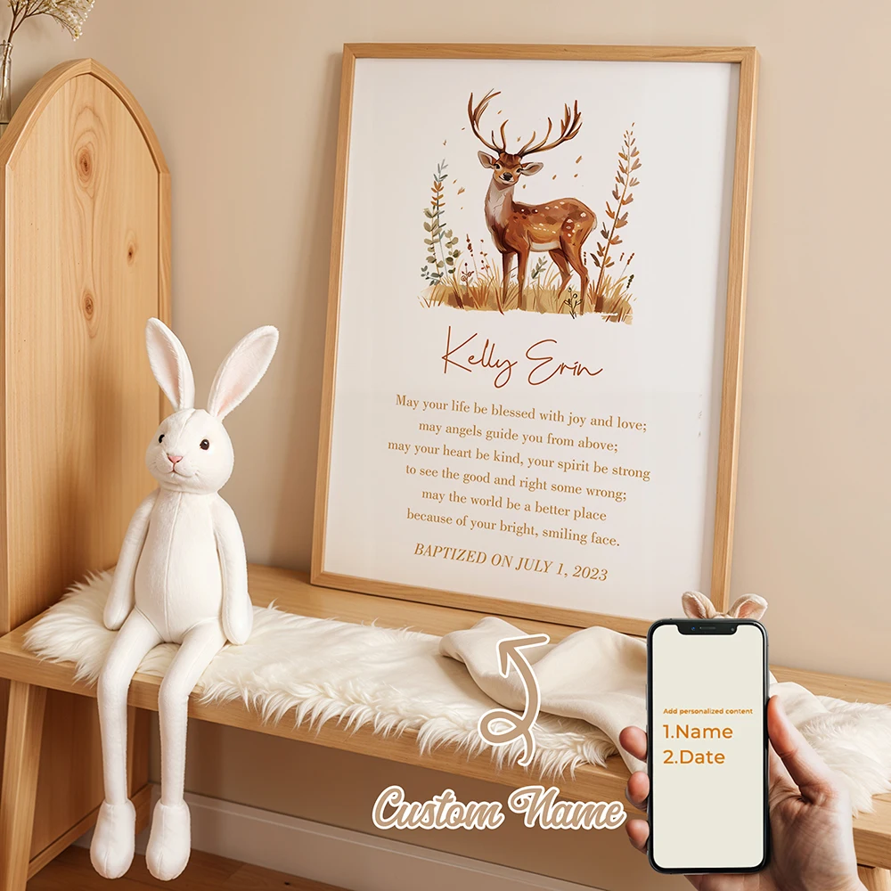 

Personalized Forest Deer Baptism Gifts Custom Wall Art Printmaking Canvas Painting Poster Picture Living Room Home Decoration