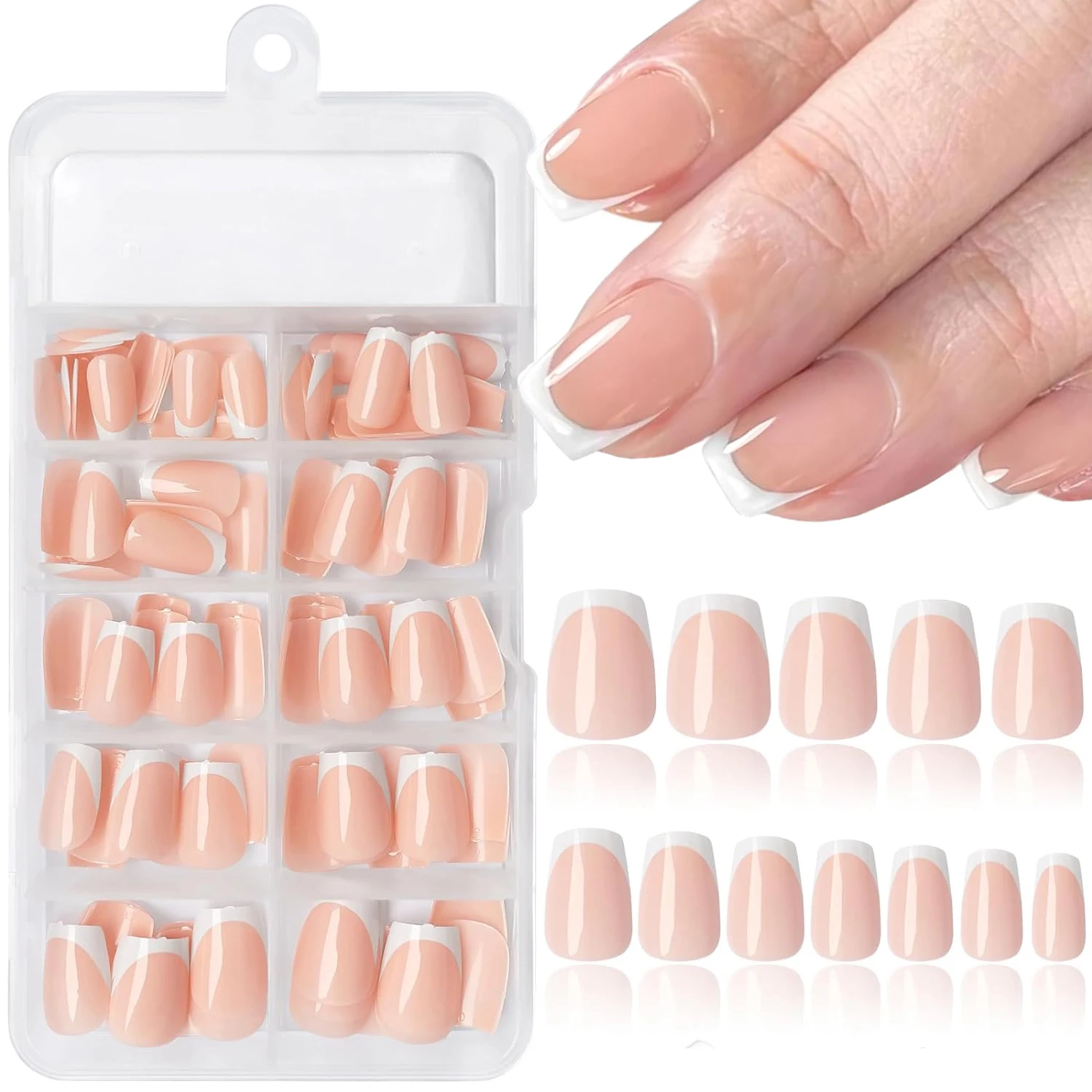 أظافر اصطناعية أكريليك قابلة لإعادة الاستخدام ، طرف فرنسي أبيض ، اضغط على أظافر مزيفة مربعة متوسطة ، غطاء كامل ، أظافر عارية لامعة ،