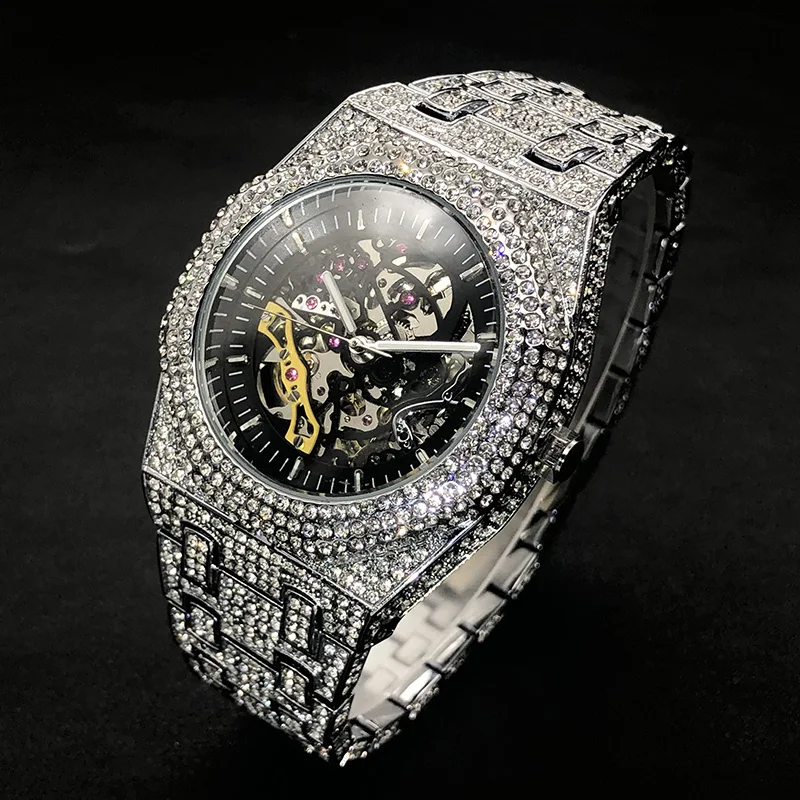 Iced Out Automatic Watch For Men Hip Hop Style Luxury Fully Diamond Watches Fashion Silver Skeleton Tourbillon Mechanical Clock