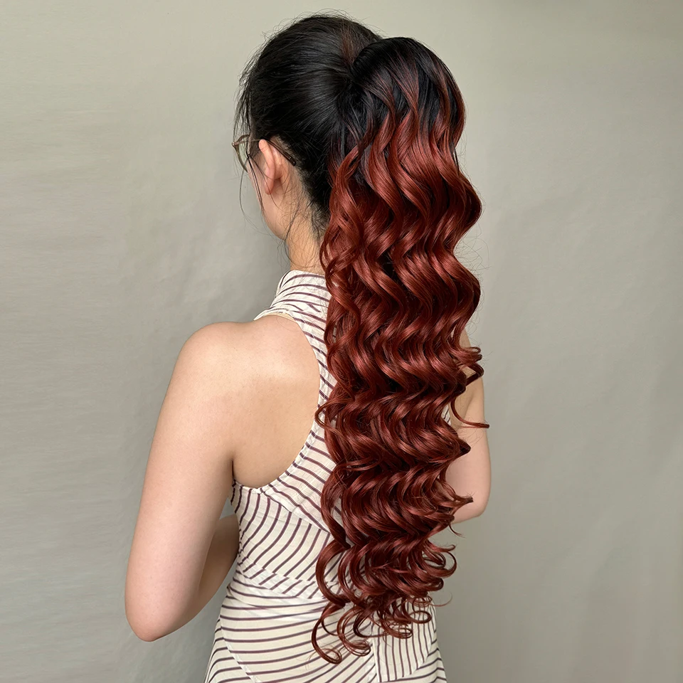 Ombre бордовый вьющийся хвост с волнистыми волосами, 28-дюймовый синтетический хвост на шнурке для женщин, длинный волнистый искусственный конский хвост