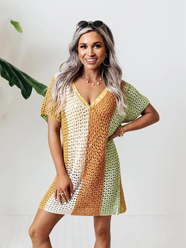 ใหม่ Contrast สีบิกินี่ COVER-UPS ผู้หญิงลึก V คอ Beach COVER UP ฤดูร้อนแขนสั้น 2025 แฟชั่นหญิง Beachwear