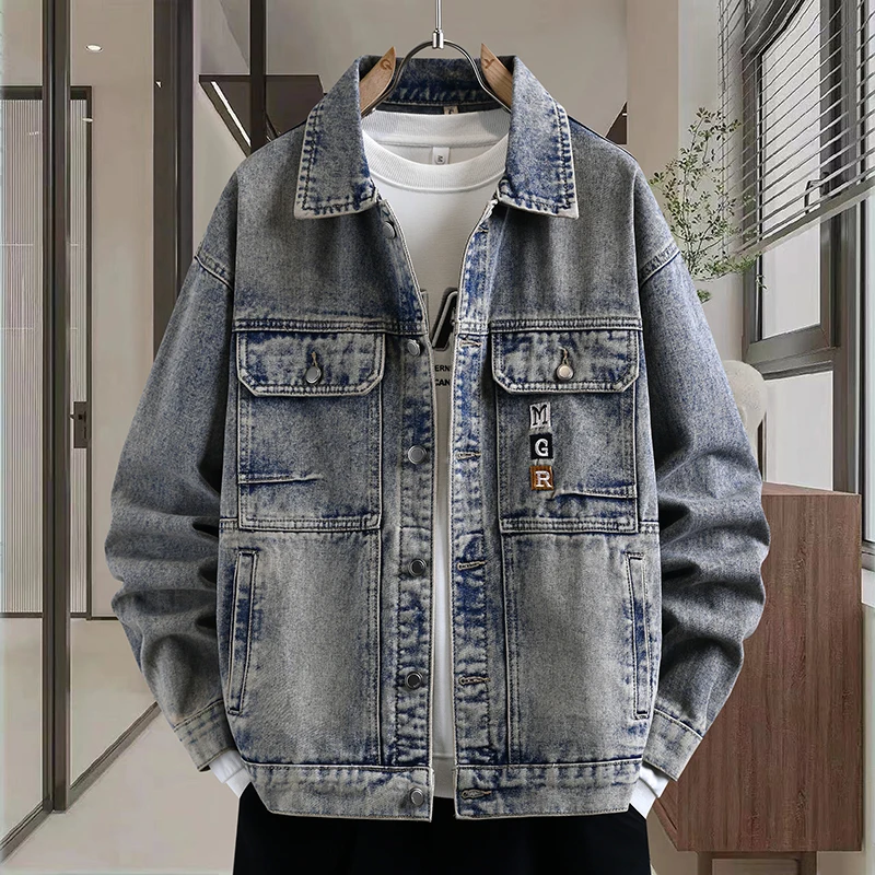 

Heavyweight Waed Retro Denim Jaet Loose Casual Outdoor ket Detail Workwear Sle American Faion Cotton Blend Jaet