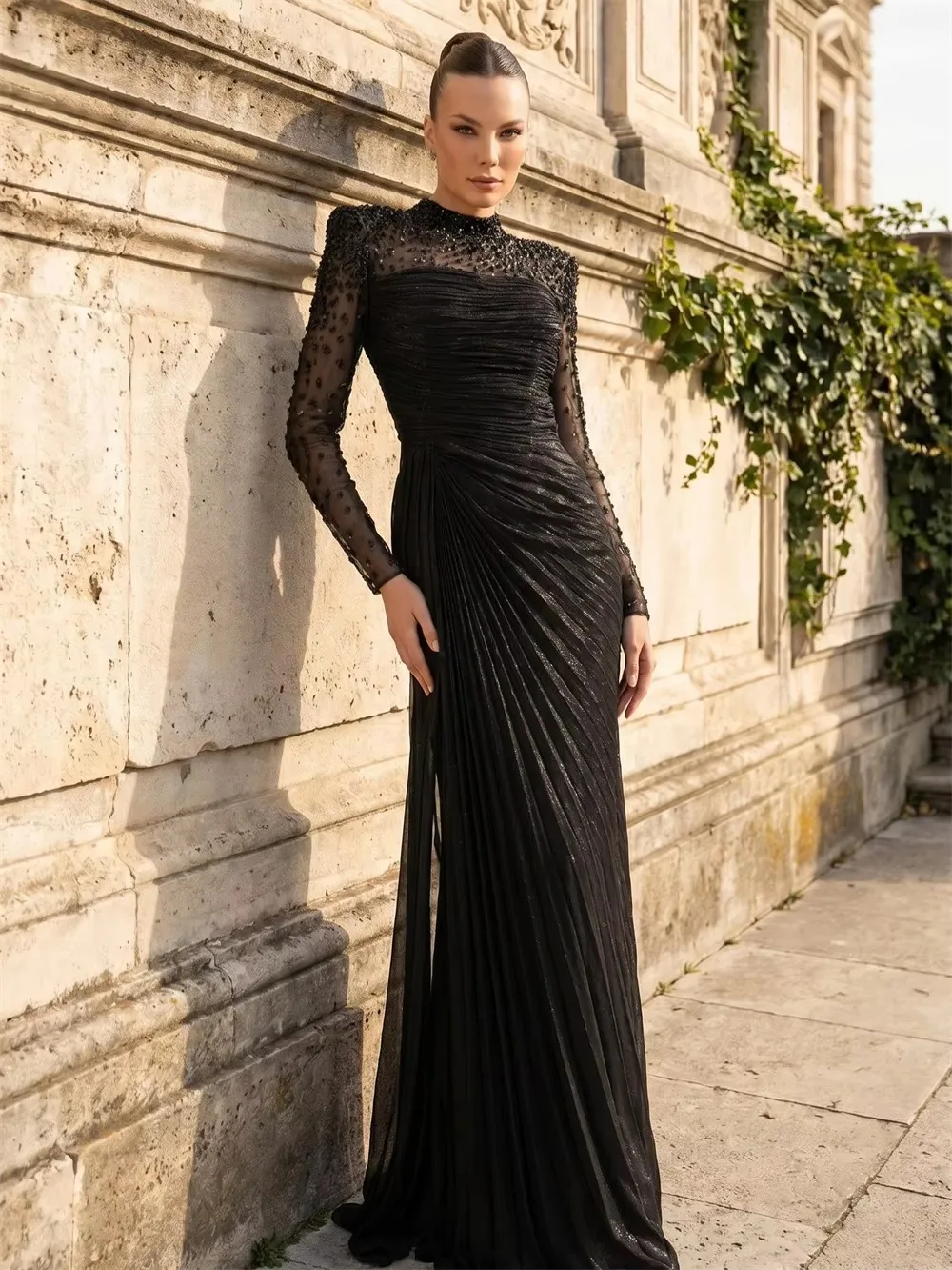 Women Formal Dresses High Neck Sheer Long Sleeve Gown Beaded Details Pleated Skirt With Side Slit Long Evening Dresses