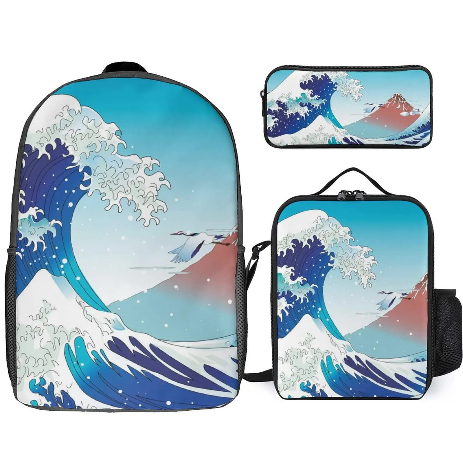 Estilo japonês onda ukiyo-e conjunto de bolsa escolar com lancheira caso lápis para meninos meninas adolescentes mochila diária leve saco de viagem