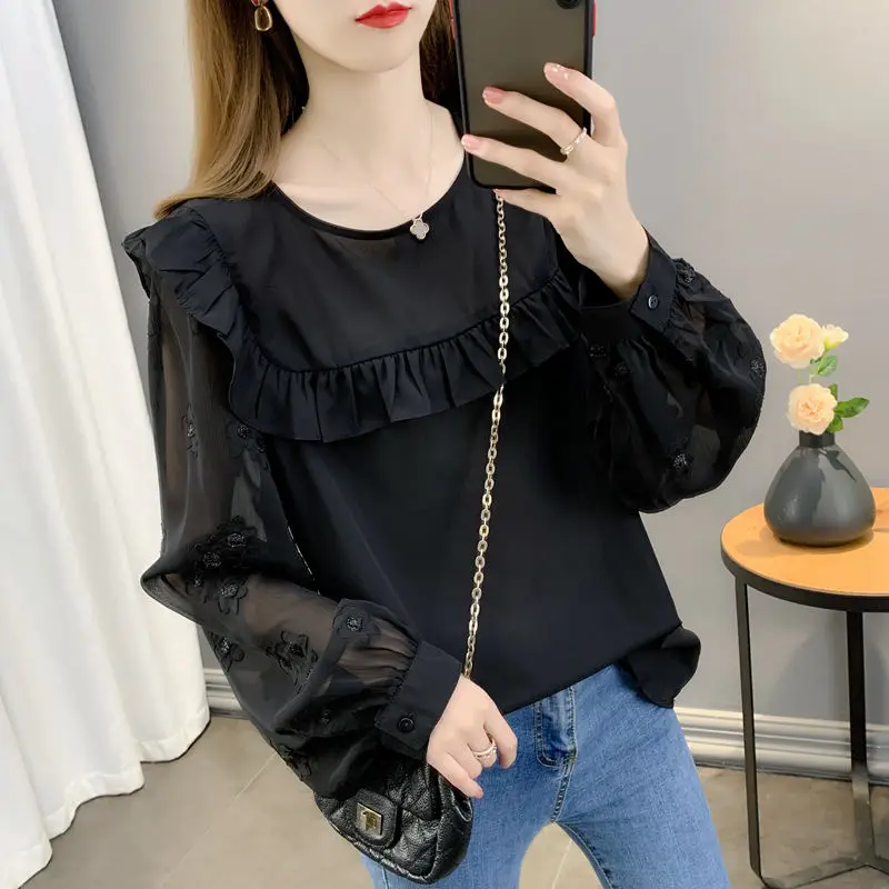 Elegant Solid Color Spliced Loose Lace Ruffles Blouse Women\'s Clothing 2023 Spring New Oversized Casual Pullovers Commute Shirt