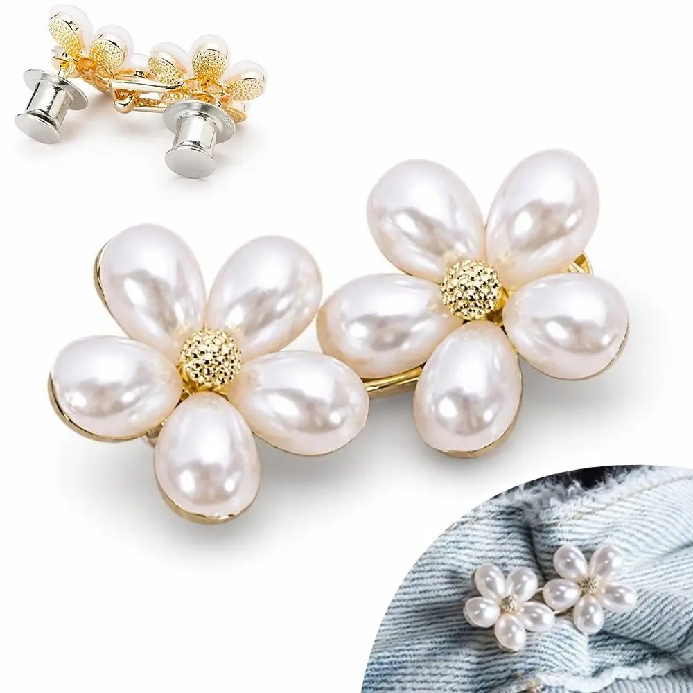 Adjustable Waist Jeans Waist Tightener Five Petal Flower Imitation Pearl Removable Jean Button No-Sew Waist Adjustment Pin