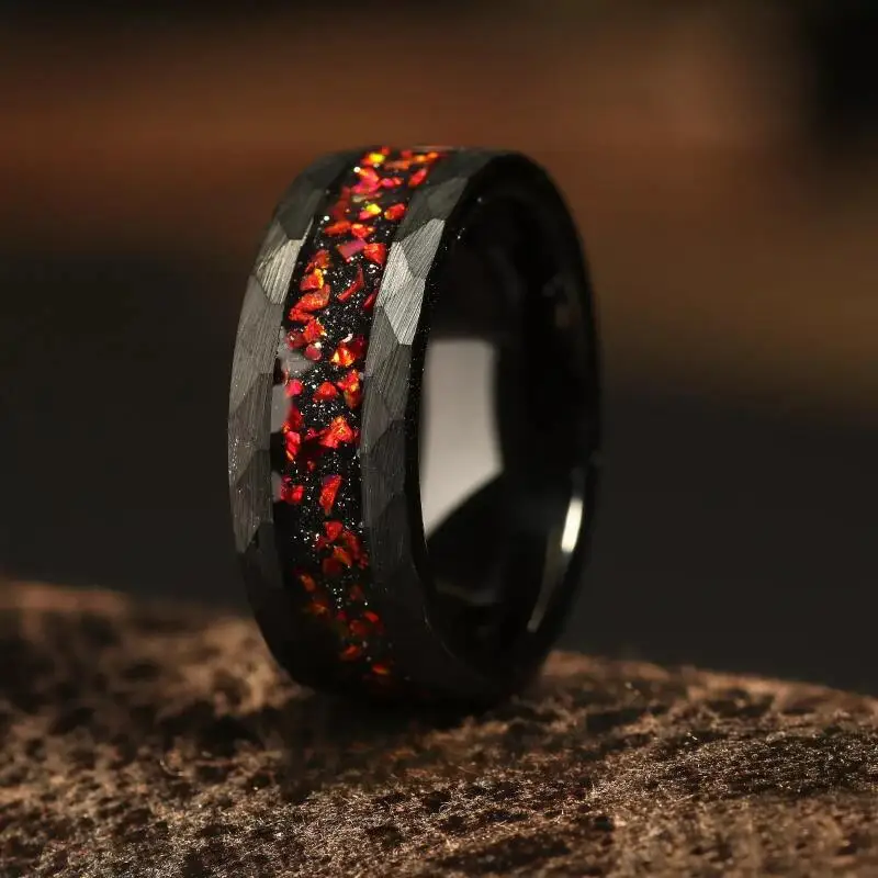 Diamond Shaped 8mm Red Fire Stainless Steel Ring Men Women's Black Background Red Fragments Wedding Ring Jewelry Surprise Gift