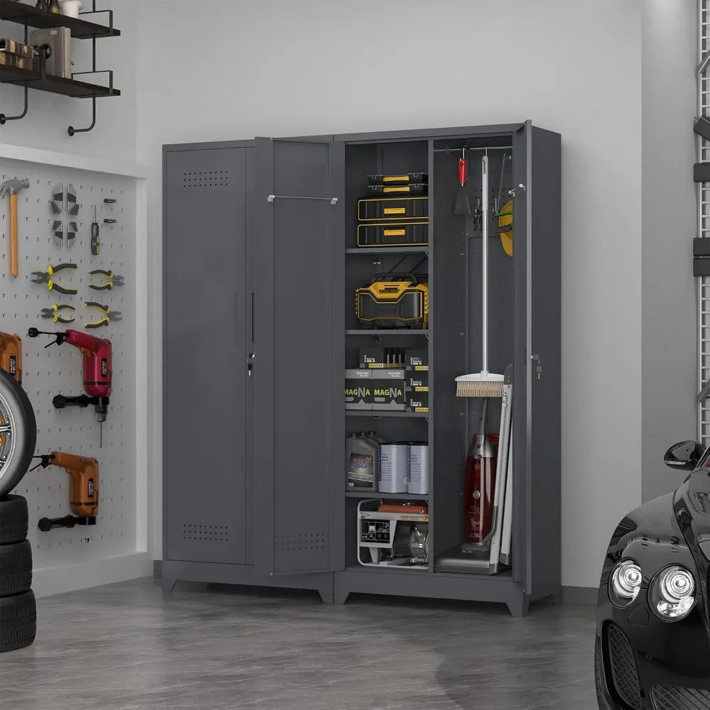 ตู้เก็บของโลหะทรงสูงมีประตู ตู้เก็บไม้กวาดพร้อมแผ่นเพ็กบอร์ดแบบถอดได้ ราวแขวน และตะขอรูปตัว S เพื่อการใช้งานที่สะดวก