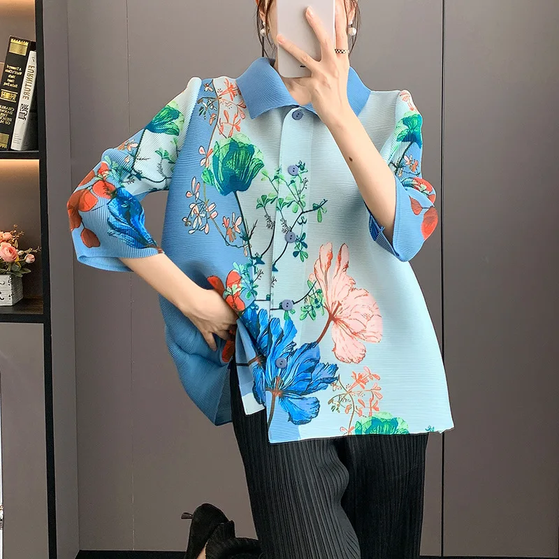 

ALSEY Miyake Women's Pleated Printed Loose Top 2025 Summer New Lapel Single Breasted Sleeve Fashion Casual Versatile T-Shirt