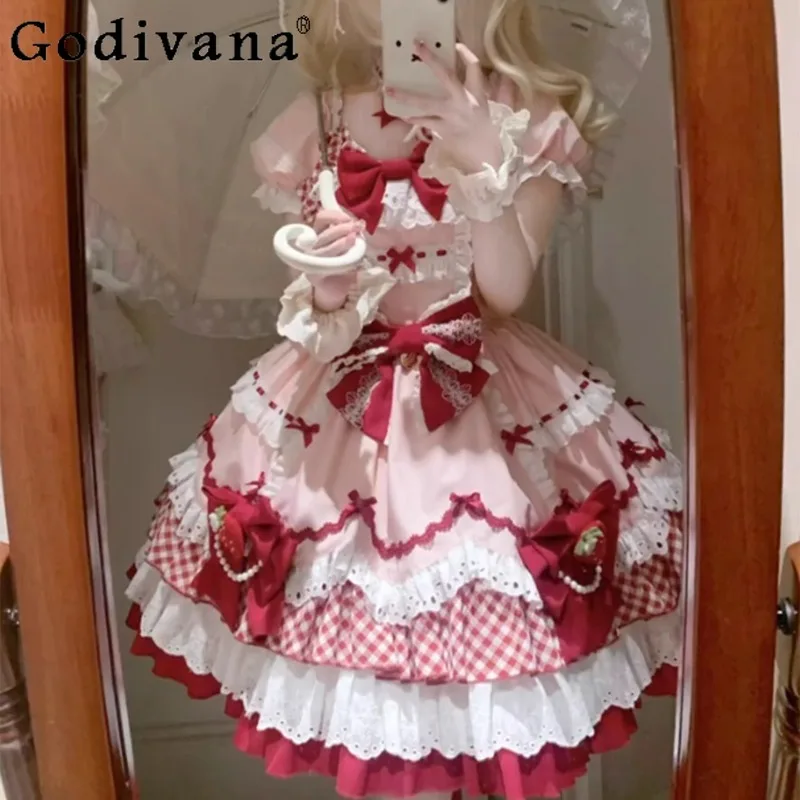 

Pink Cute Strawberry Doll Style Lolita Dress Ladies OP Sweet College Style Princess Dress Women's Japanese Style Lolita Dress