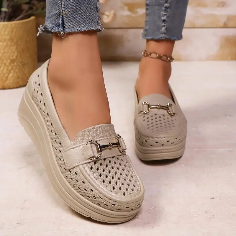 Soft Thick Bottom Height Increase White Loafers Women 2026 Summer Hollow Out Wedge Heel Pumps Women's Comfortable Nursing Shoes