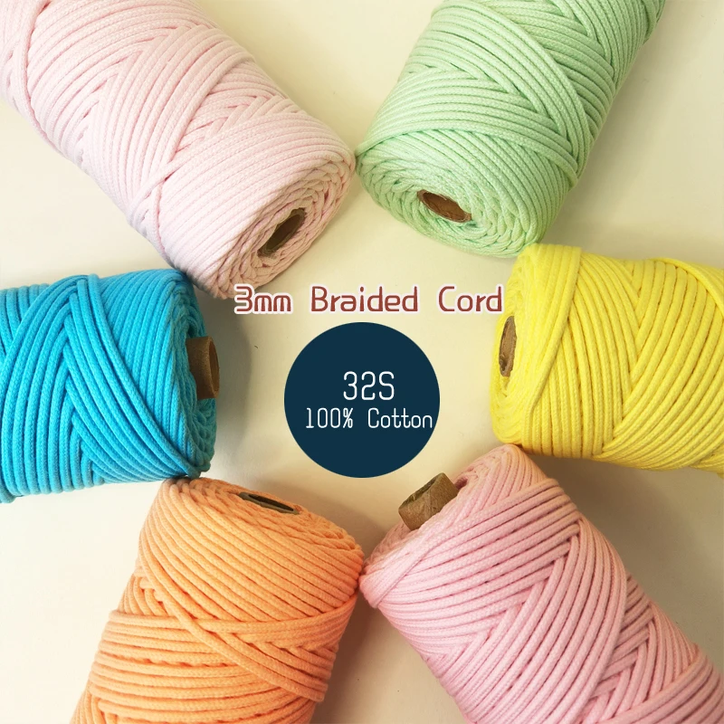 3mm Braided Cord for Macramé, Crochet Weaving, Knitting, High Quality 100% Premium Smooth Macrame Cotton Rope 110Yard/100M