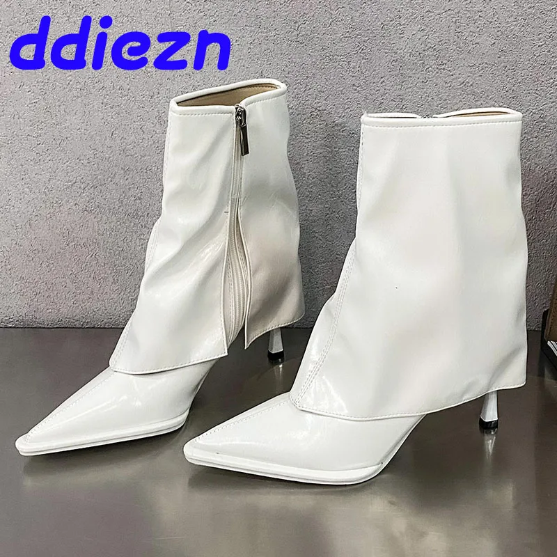 

Designer Pleated Shoes Thin Heel Women Ankle Modern Boots Zippers Female Fashion Pointed Toe Footwear Ladies Short Booties Pumps