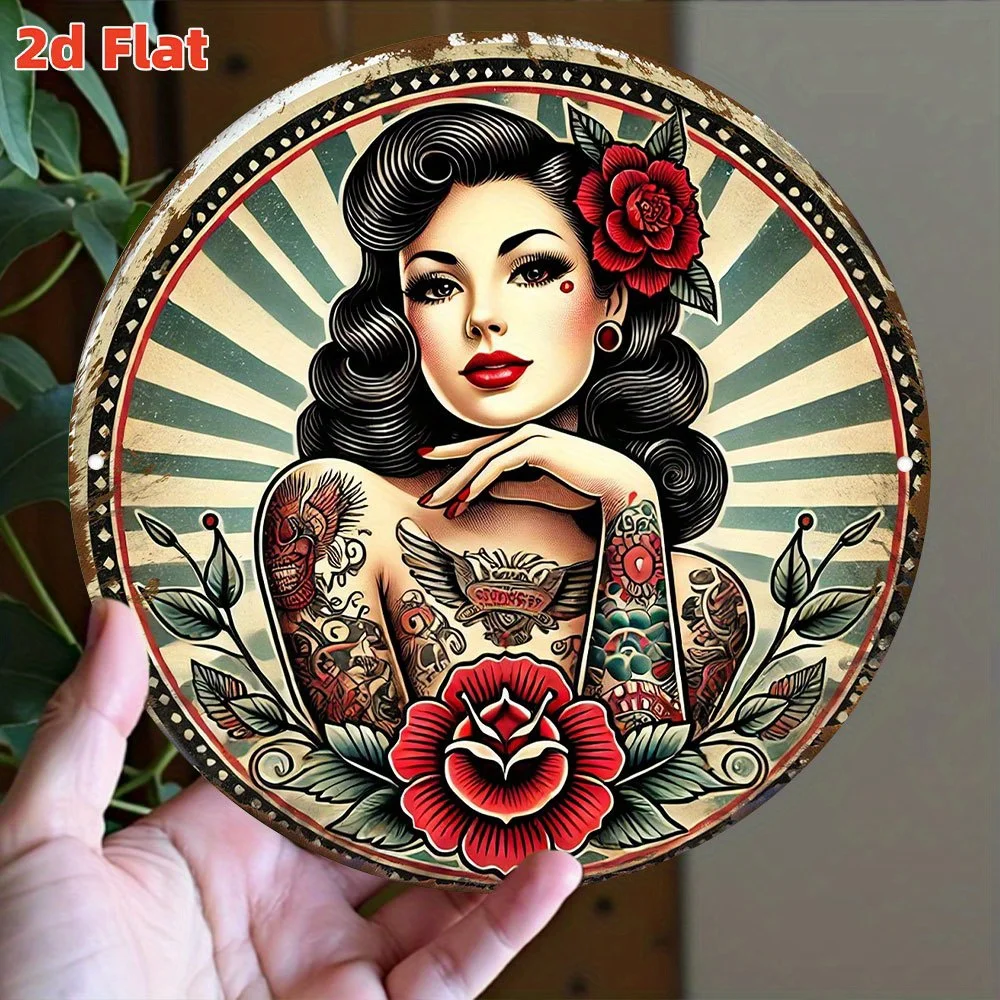 Vintage Tattoo Lady Metal Wall Art -Round Retro Pin-Up with Traditional Tattoo Designs, Durable Aluminum Sign for Tattoo Studio