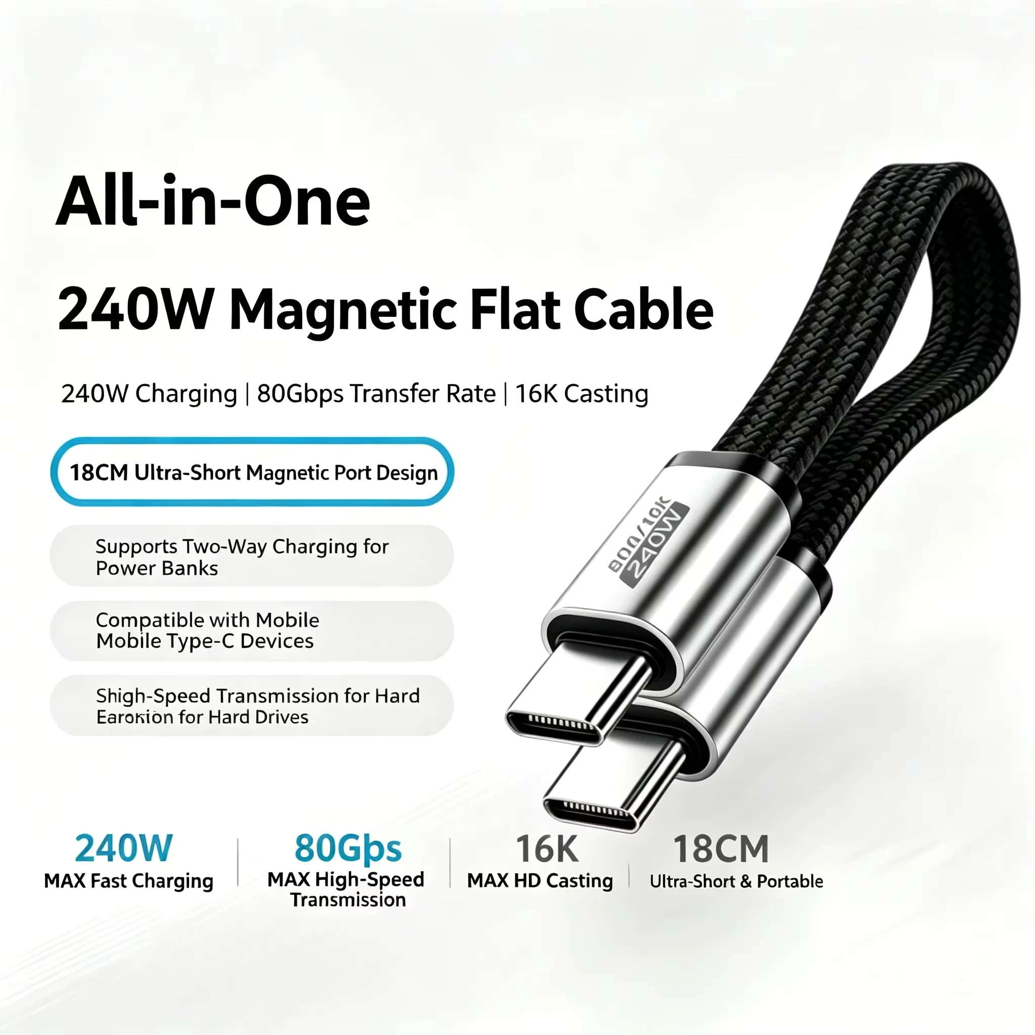 18cm Full Function Magnetic Dual Type-C Cable 240W Fast Charge 80Gbps Data Transmission 16K Display Video Cable for Phone Laptop