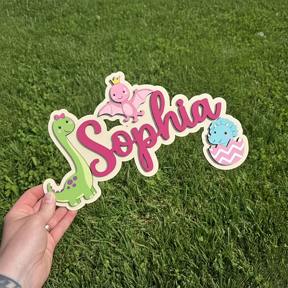 Personalized Name Sign Laser-Cut Wooden Plaque with Cute Pink Pterosaur And Green Brachiosaurus Design Vibrant Dinosaur