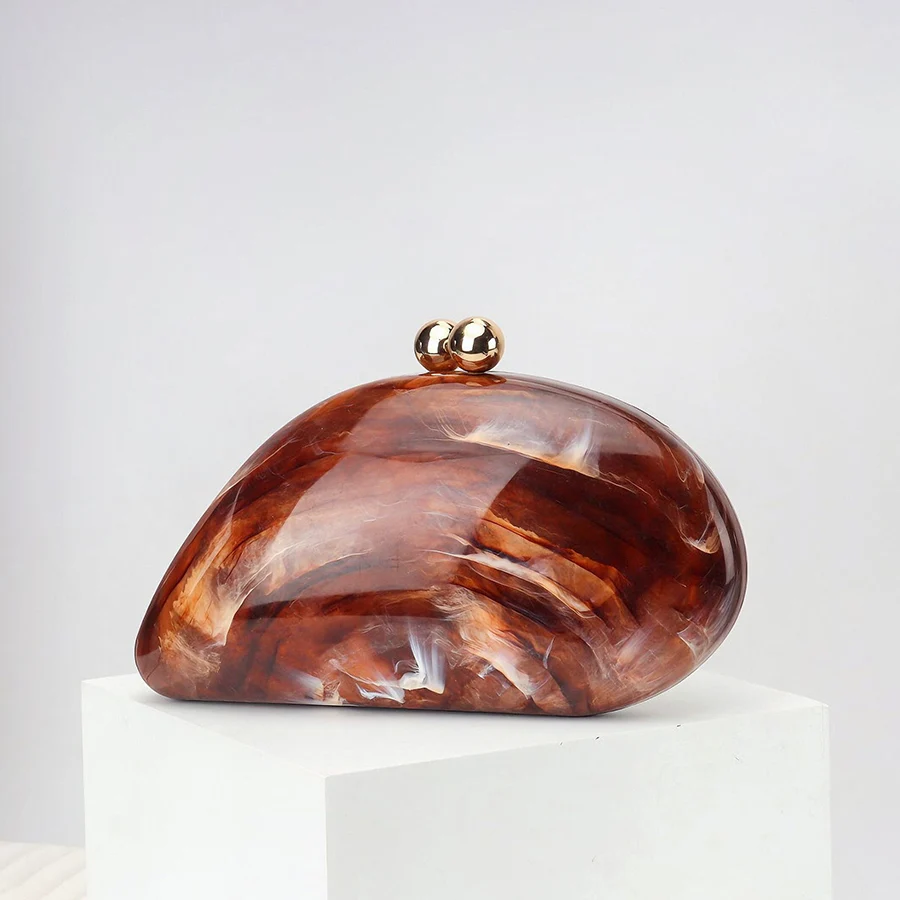 

New Oval Irregular White Acrylic Box Evening Bag Women Marble Pattern Design Wedding Party Handmade Clutch Banquet Purse Handbag