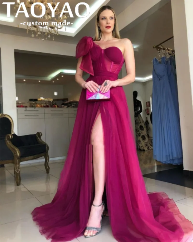 Vestido de noite com um ombro, vestido de baile, sexy lado dividido, tule de ombro único, rosa rosa, personalização gratuita, 2024