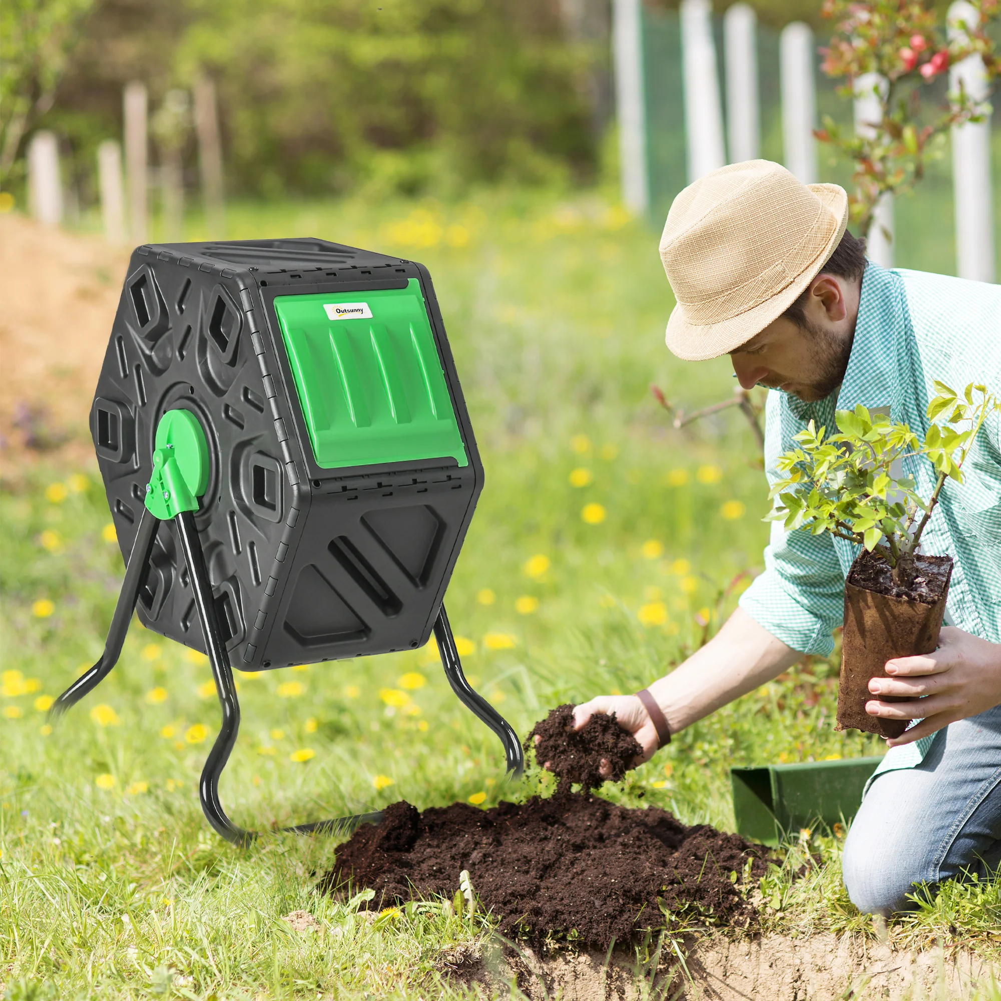 65L Garden Compost Bin, Barrel Rotating Composter with Steel Legs and Air Holes