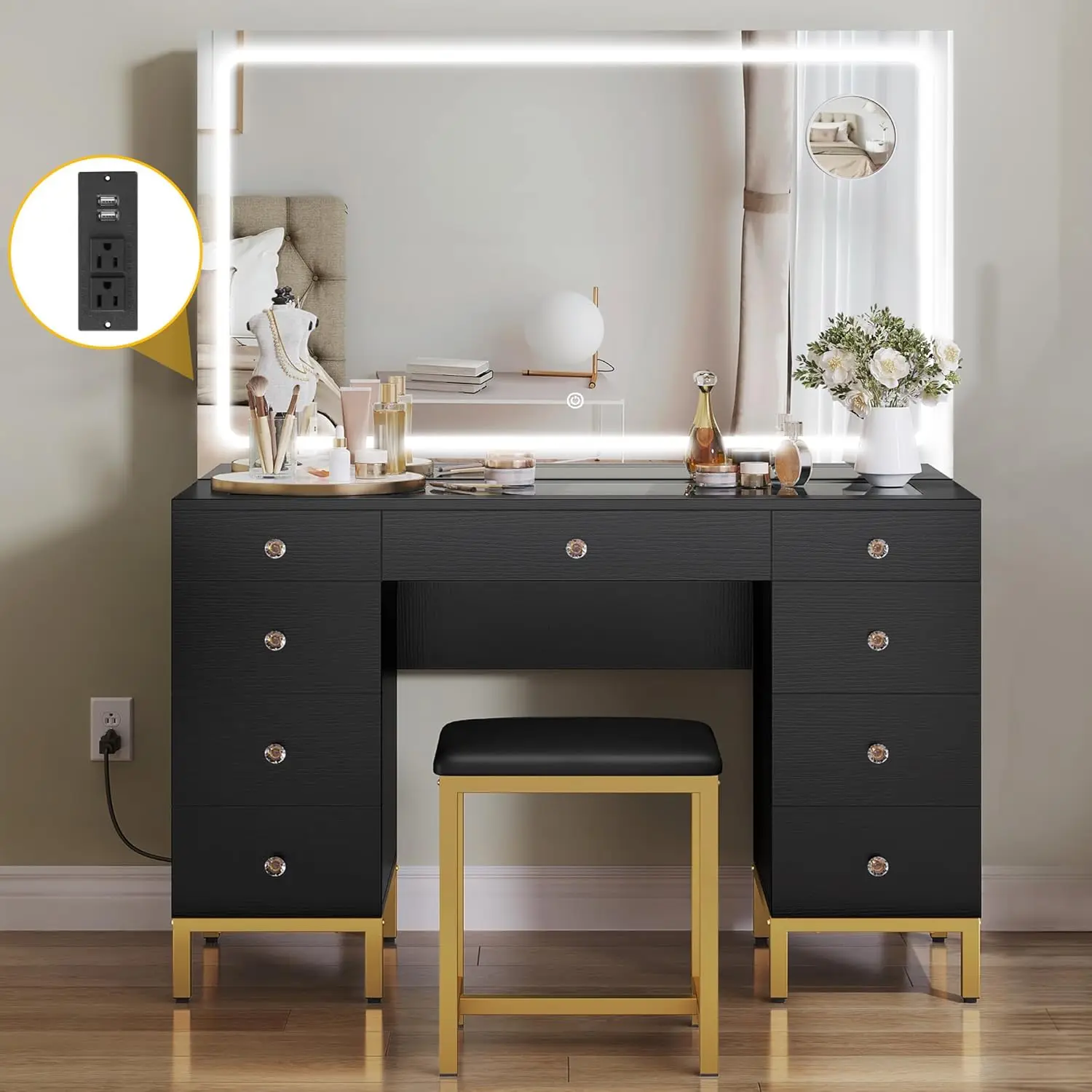 Black Vanity Desk with Large Mirror Lights and Charging Station Large Makeup Table Set with Magnifying Glass Drawers