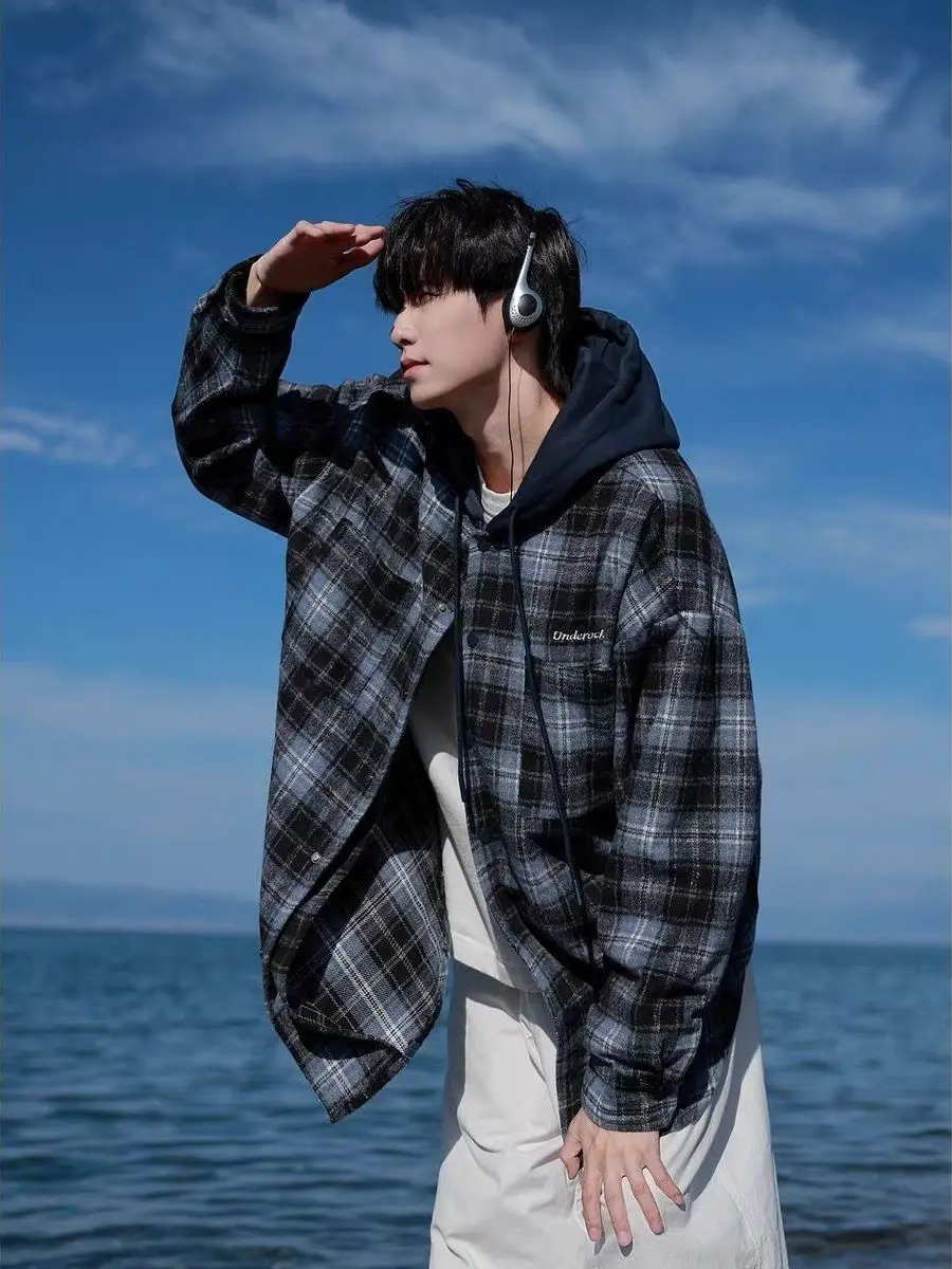 

Мужское шерстяное пальто, зимнее новое гонконгское пальто, весенне-осеннее клетчатое пальто с капюшоном, люксовый бренд, смесь хлопка из полиэстера