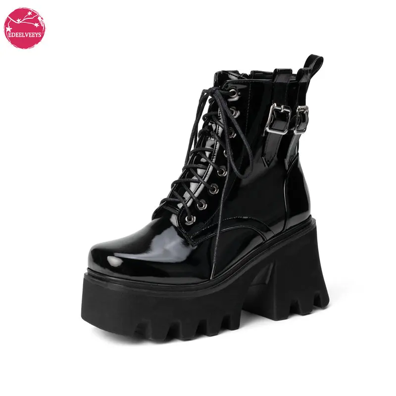 

Women's Lace Up Combat Boots Patent Leather Military Motorcycle Ankle Booties Side Zipper Goth JK Uniform Bukle Shoes Thick Sole