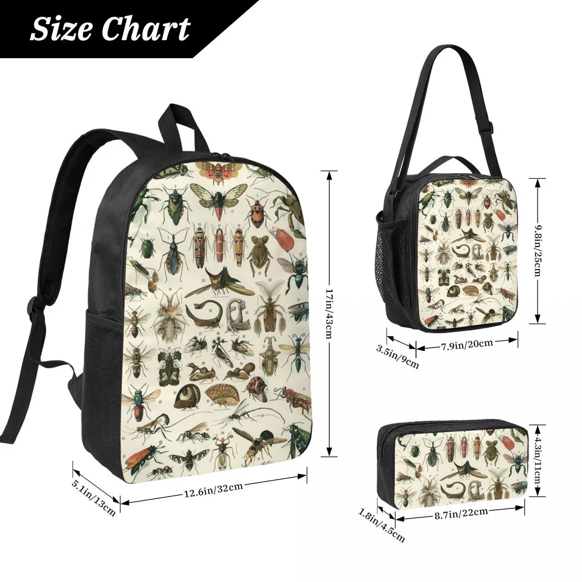 

Рюкзак с насекомыми, студенческая сумка для книг для мальчиков и девочек, школьная сумка, сумки на плечо для ноутбука, 3 шт., изолированная сумка для обеда, пенал