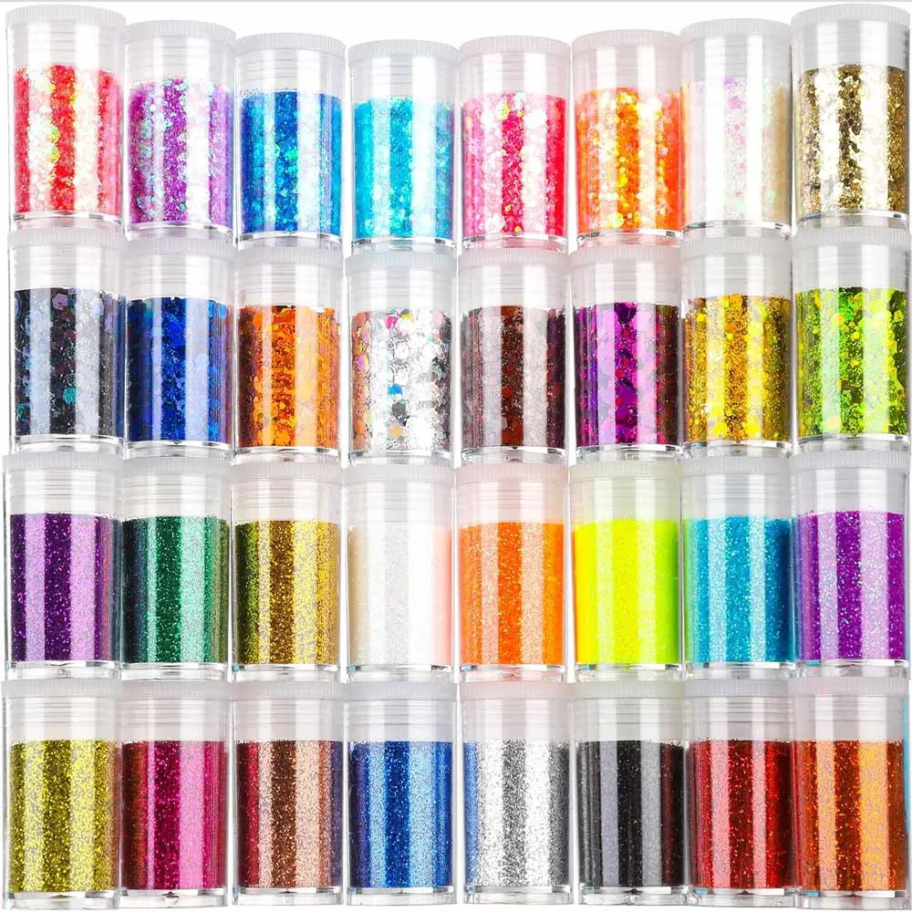 

32 Colors Bulk Holographic Chunky Glitter , Nail Art Glitter Sequins, Iridescent Glitter Flakes for Nail, Eye, Body, Face, Hair.