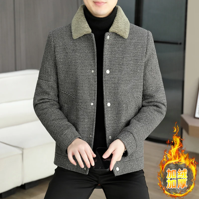 

Winter Faux Fur Collar Woolen Jacket for Men Warm Added Velvet Casual Business Short Trench Coat Slim Fit Streetwear Overcoat