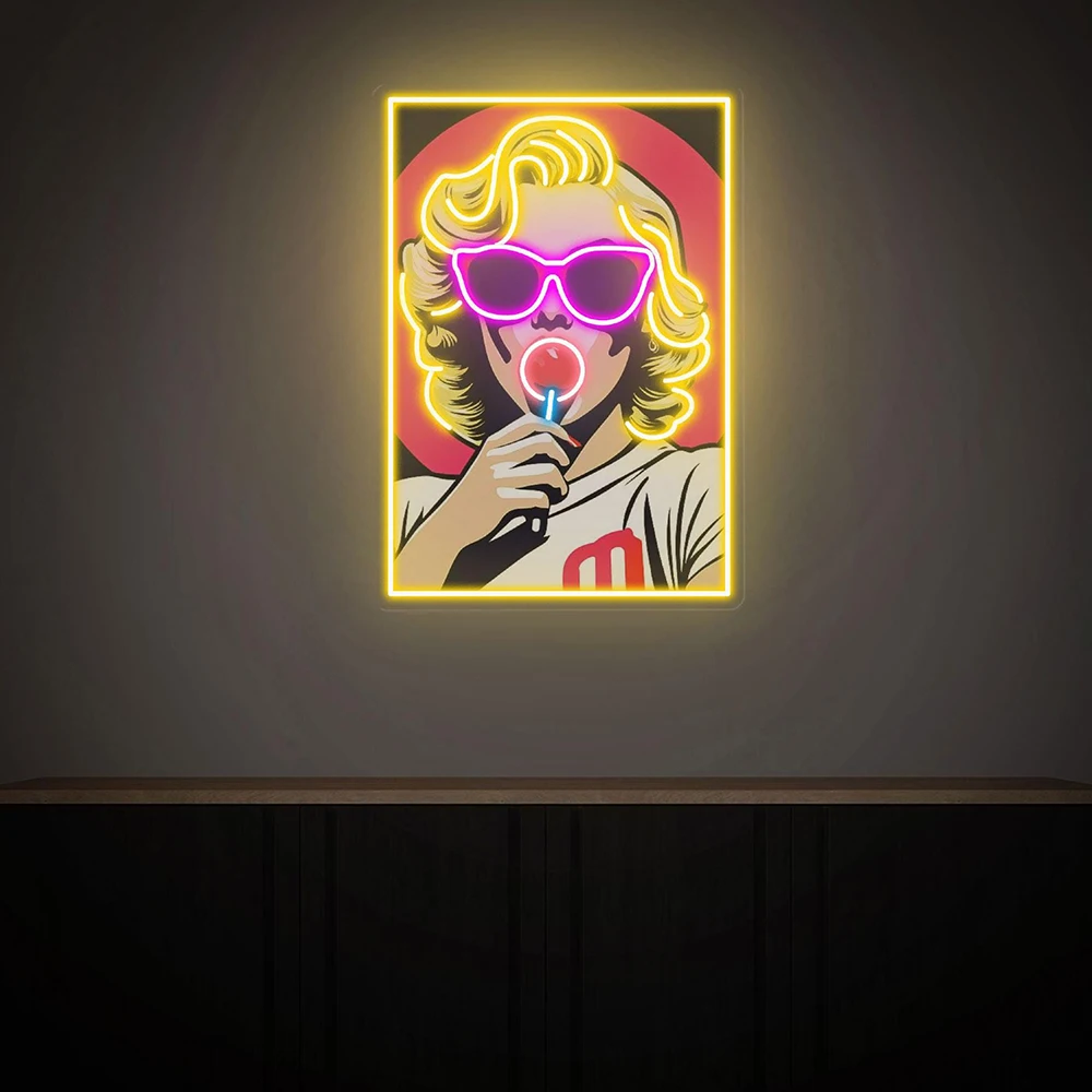 Fashion Girl with Sunglasses Eating Candy Neon Light Custom Living Room Home Party Wall Art Decor Light Sign Bar Club Neon Sign