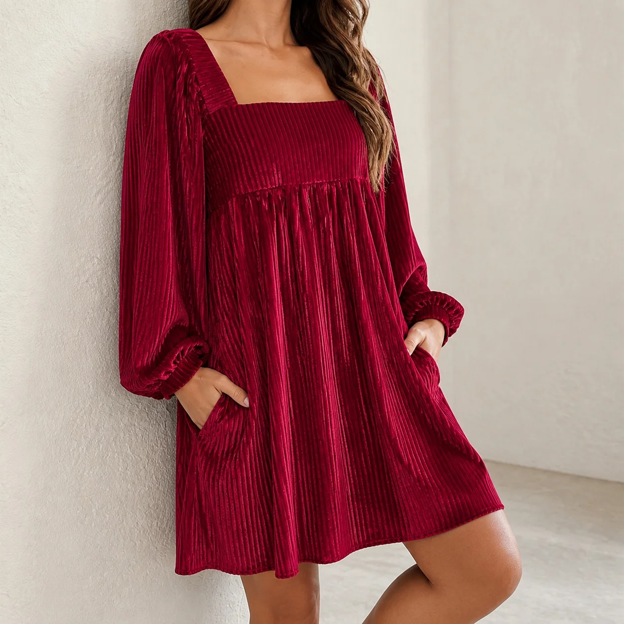 Women's Elegant Pleated A Line Midi Dress Square Neck Long Puff Sleeve High Waist Solid Color for Wedding Guest Party Prom