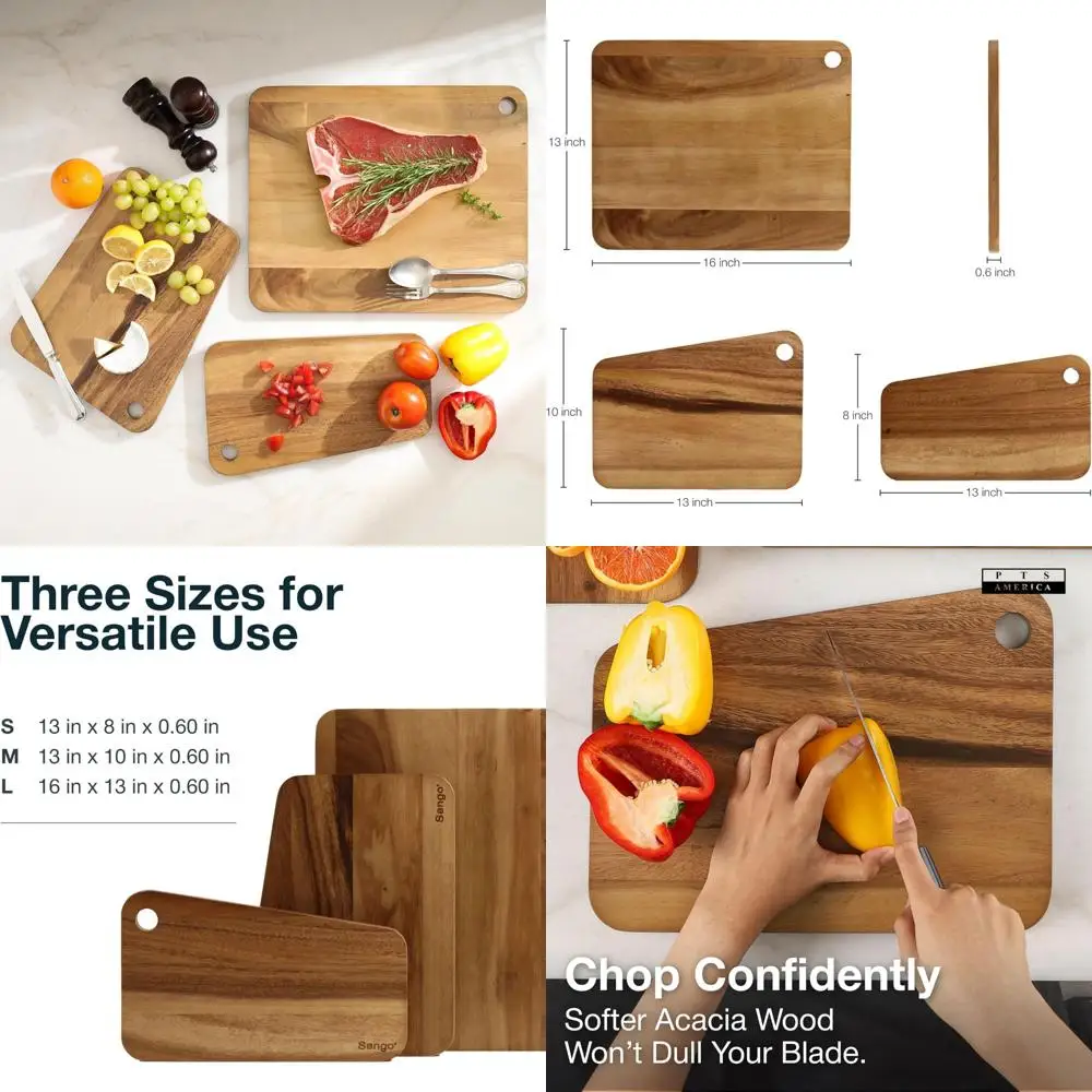 

Набор из трех штабелируемых двусторонних деревянных разделочных досок с наклонным краем и подвесными отверстиями для использования на кухне