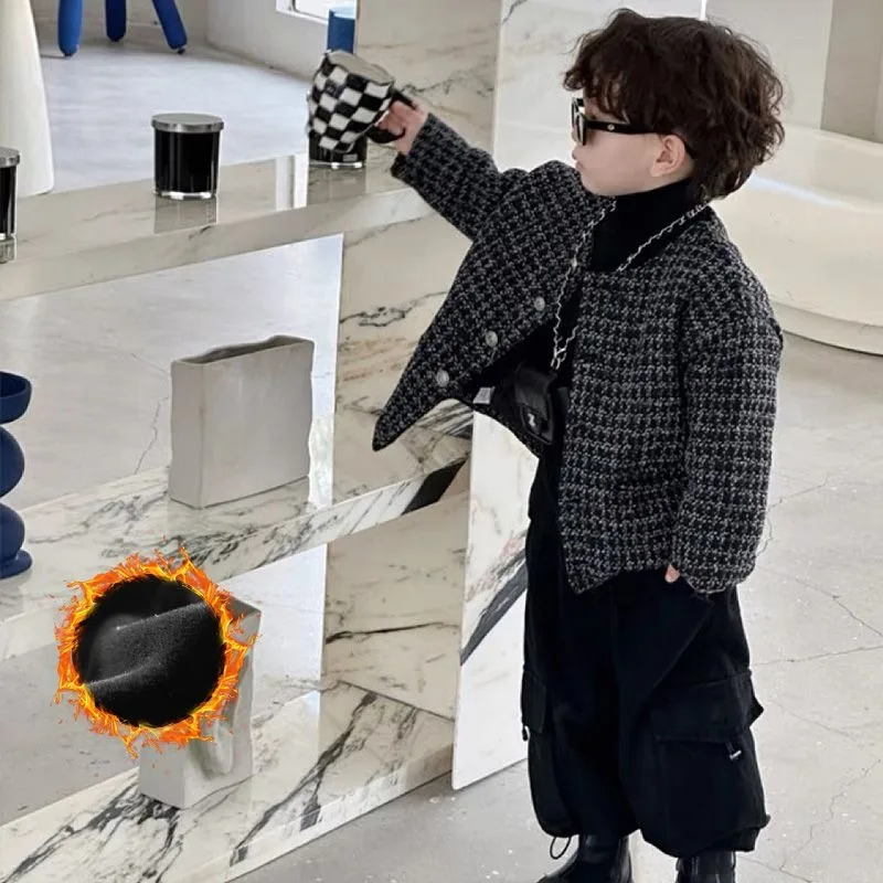 

2025 Winter Korean Edition Preschool Children's Set Boys' Black Checkered Woolen Top Children's Small Fragrant Wind Plush Coat