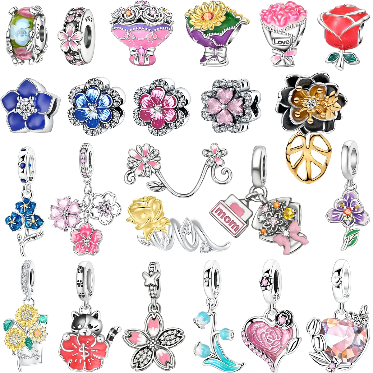 

Original 925 Sterling Silver Flower Charms Roses Sunflowers Tulips Iris Beads Pendants Fit Bracelet Necklace DIY Jewelry Gift