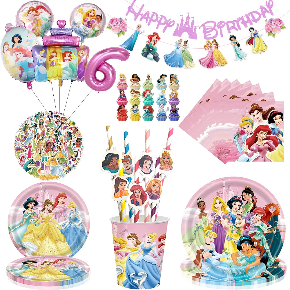 

Disney princess birthday party decoration pink princess birthday balloon paper straw stickers girl baby shower party supplies