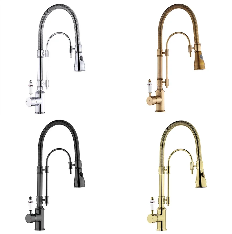 

Modern Chrome Brass Faucet Kitchen Tap for Hotel Apartment Single Handle Spring Hot and Cold Water Pull Out Kitchen Faucets